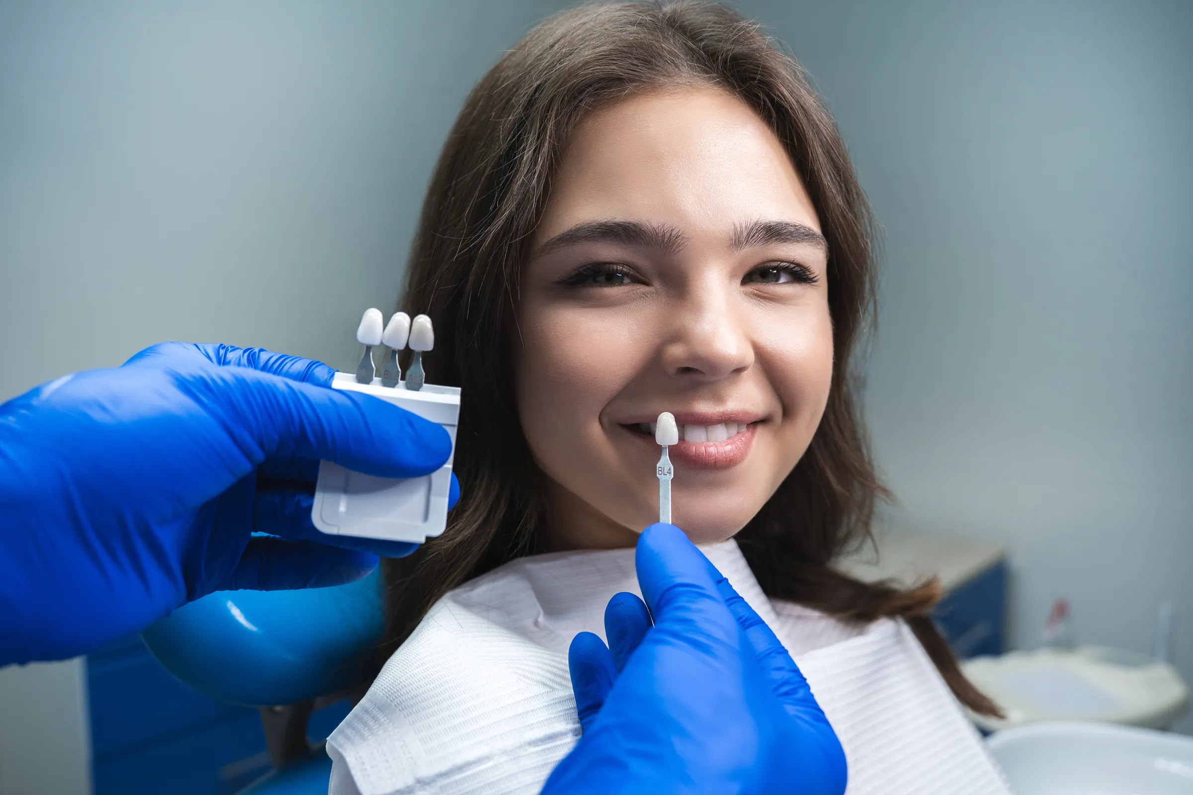 Close-up of a bright, natural-looking porcelain veneer smile