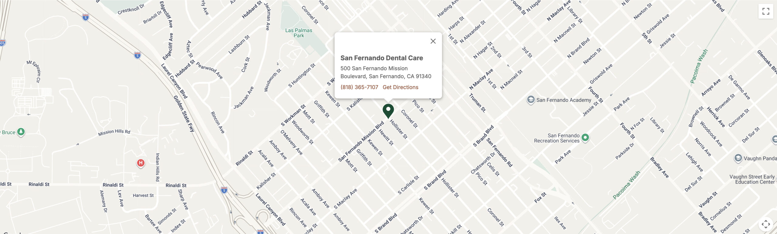 Map showing San Fernando Dental Care at 500 San Fernando Mission Boulevard, San Fernando, CA 91340